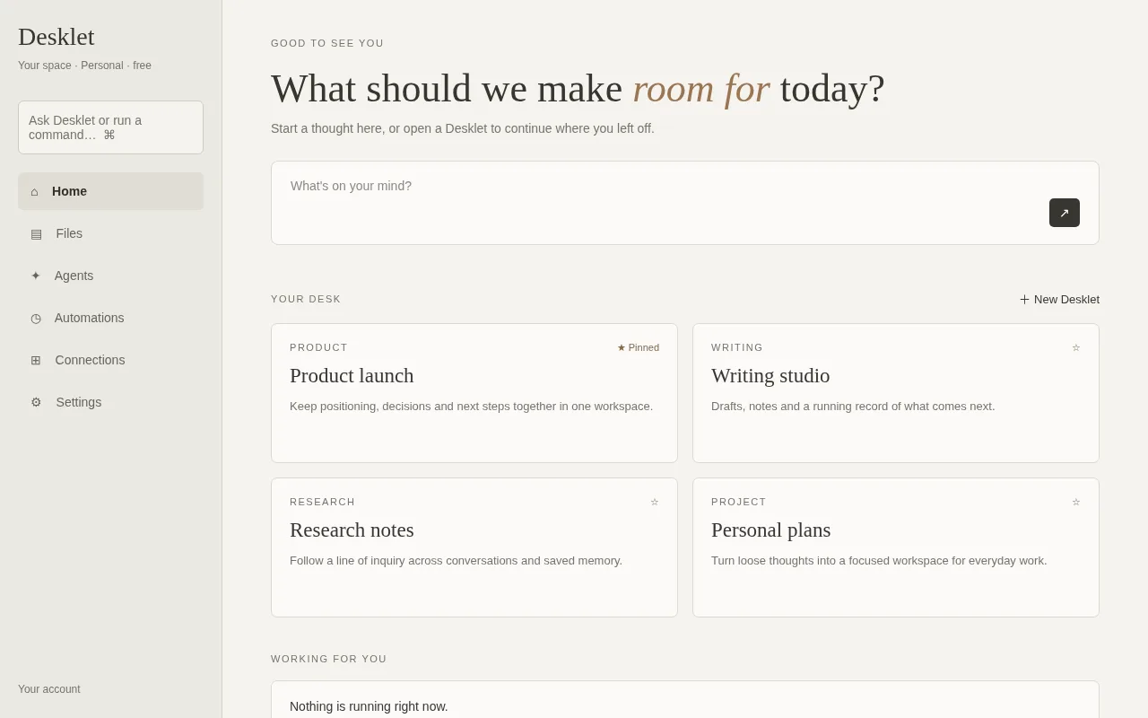 Desklet desktop preview showing a writing workspace, project cards, a composer and recent work